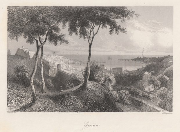 Abbildung von "Genua. Gesamtansicht auf die Stadt, Bäume im Vordergrund."