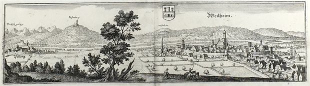 Abbildung von "Weilheim. (Gesamtansicht mit Polling links, und Peissenberg, sowie  Wessobrunn im Hintergrund)."
