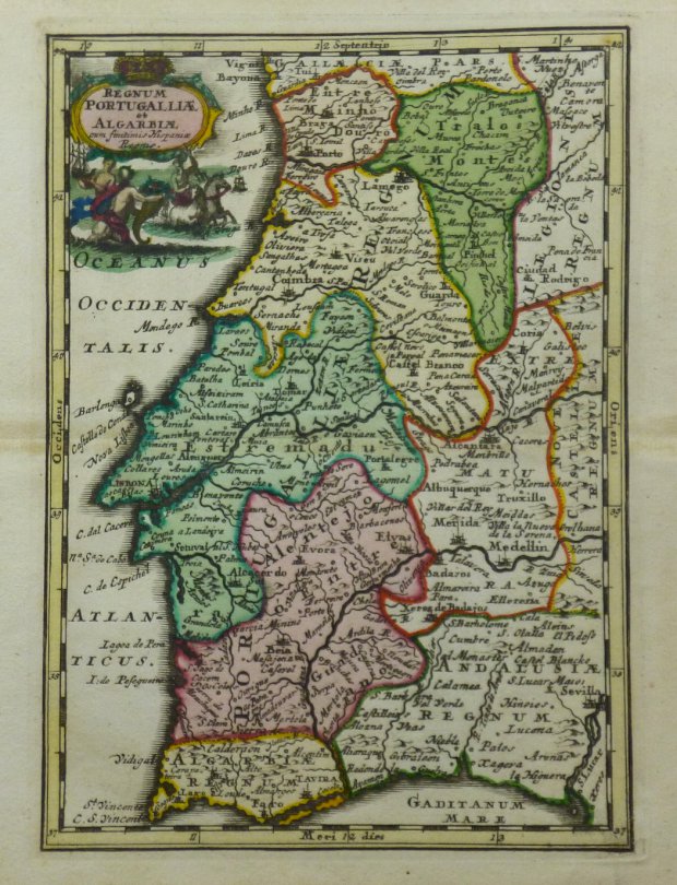 Abbildung von "Regnum Portugaliae et Algarbiae cum finitimis Hispaniae Regnis. Altkolor, Kupferstichkarte mit Kartusche aus dem 'Atlas portatilis'."