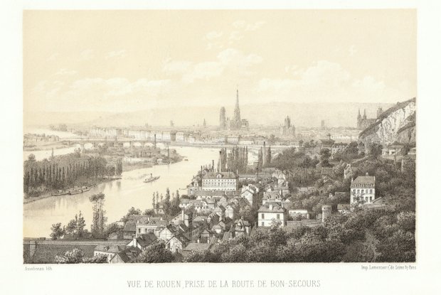 Abbildung von "Vue de Rouen, prise de la route de Bon - Secours. (Orig.-Tonlithographie)."