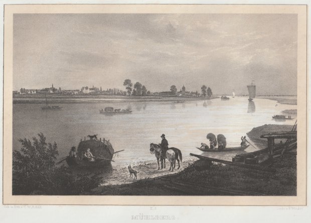 Abbildung von "Mühlberg. (Ansicht vom anderen Elbe-Ufer mit heubeladenen Schiffen und einem Reiter im Vordergrund)..."