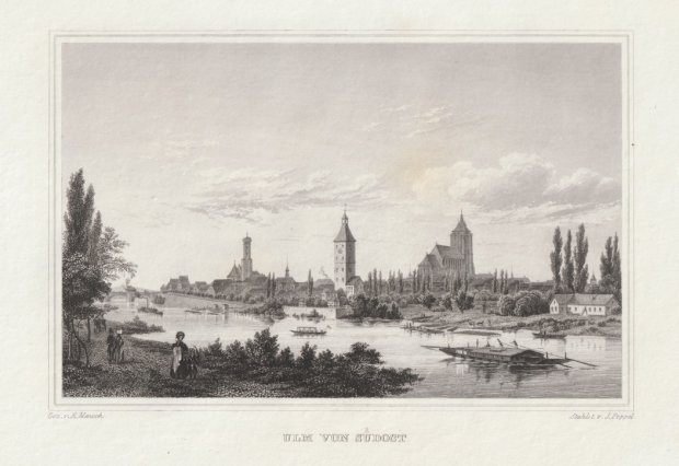 Abbildung von "Ulm von Südost. (Gesamtansicht über die Donau mit Schiffen auf dem Fluss). "