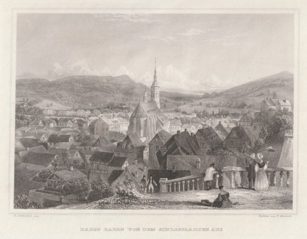 Abbildung von "Baden Baden von dem Schlossgarten aus. (Gesamtansicht mit der Stadtkirche im Mittelgrund). "