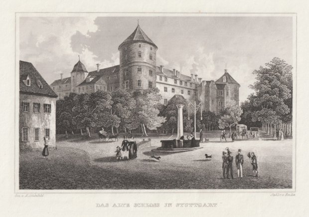 Abbildung von "Das Alte Schloss in Stuttgart. (Im Vordergrund Personenstaffage mit Militär und Bürgern). "
