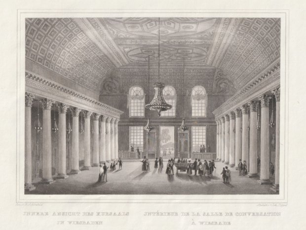 Abbildung von "Innere Ansichte des Kursaals in Wiesbaden. Original-Stahlstich. "