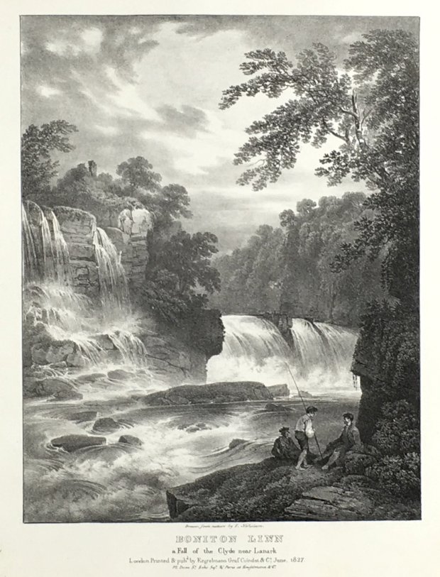 Abbildung von "Boniton Linn, a Fall of the Clyde near Lanark. 'Drawn from nature by F. Nicholson'..."