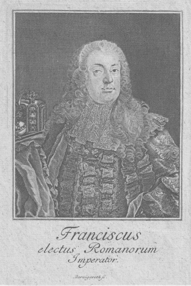 Abbildung von "Franciscus electus Romanorum Imperator. Original-Kupferstich. Kaiser Franz I in Halbfigur mit Krone und Reichsapfel auf einer Draperie neben ihm."