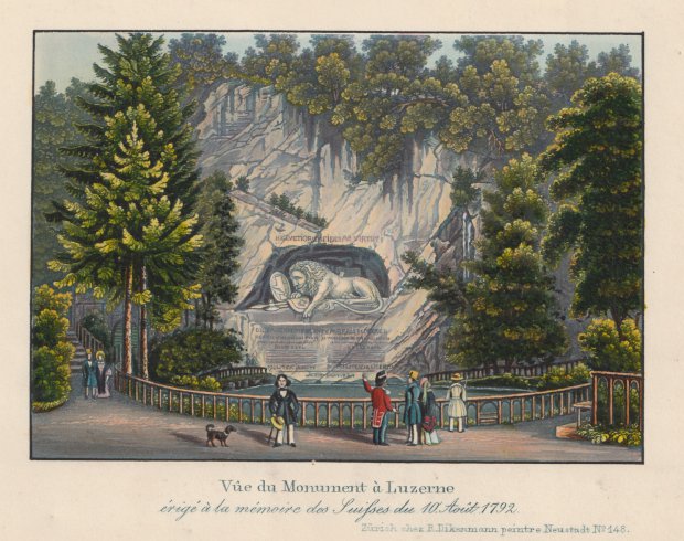 Abbildung von "Vûe du Monument à Luzerne, érigé à la mémoire des Suisses du 10. Août 1792. Altkolorierte Original - Aquatinta - Radierung."