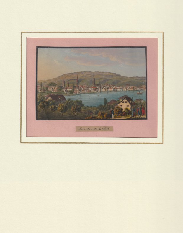 Abbildung von "Zuric du côté du Sud. ( Zürich. Gesamtansicht der Stadt mit dem See im Mittelgrund ). Eiweissgehöhte,..."