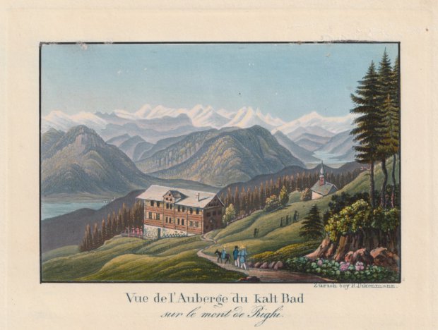 Abbildung von "Vue de l'Auberge du Kalt Bad sur le mont de Righi. Altgouachierte Original-Aquatinta-Radierung."