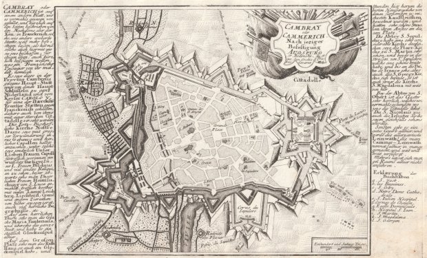 Abbildung von "Cambray oder Cammerich. Nach jeziger (sic) Befestigung. (Festungs- u. Stadtplan mit ausführlicher Legende ausserhalb der Darstellung)."