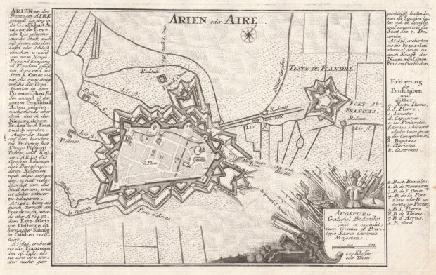 Abbildung von "Arien oder Aire. (Festungs- und Stadtplan aus der Vogelschau mit ausführlicher Legende an den beiden Seiten)."