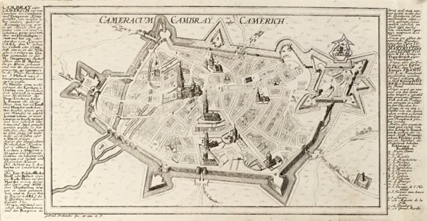 Abbildung von "Cameracum, Cambray oder Camerich. (Festungs- und Stadtplan aus der Vogelschau mit ausführlicher Legende an beiden Seiten)."