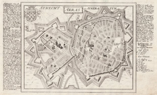 Abbildung von "Atrecht, Arras oder Atrebatum. (Festungs- und Stadtplan aus der Vogelschau mit ausführlicher Legende an beiden Seiten)."