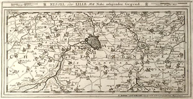 Abbildung von "Ryssel oder Lille mit Nahe anligender Gegend. (Karte der Umgebung von Lille mit der Stadt im Mittelpunkt)."