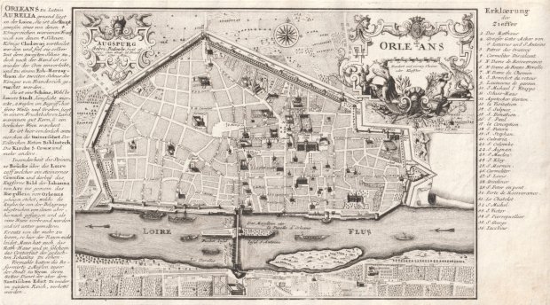 Abbildung von "Orleans. ( Plan der Stadt aus der Vogelschau mit ausführlicher Legende an beiden Seiten)."
