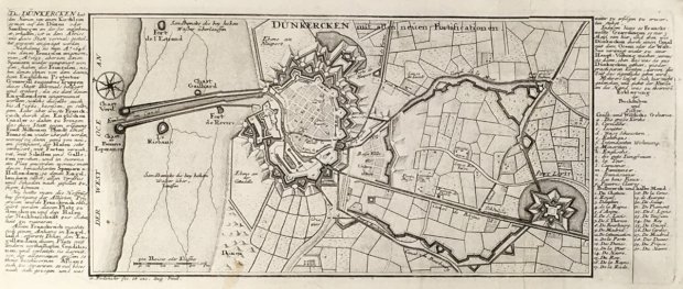 Abbildung von "Dünkercken mit allen neuen Fortificationen. (Plan der Festung und der näheren Umgebung aus der Vogelschau mit ausführlicher Legende an beiden Seiten)."