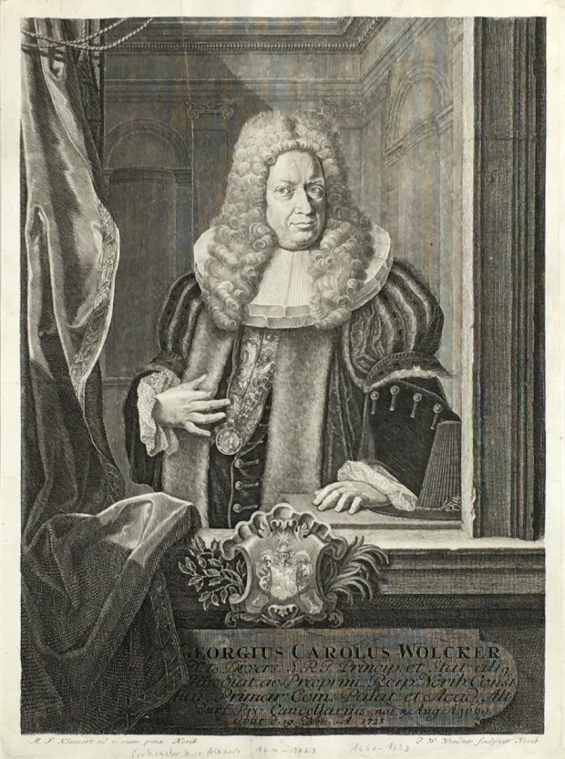 Abbildung von "Georgius Carolus Wölcker(n). (Jurist, Ratsherr in Nürnberg 1660-1723). Original Kupferstich nach dem Gemälde von M(arkus) F(riedrich) Kleinert (Nürnberg 1694 - 1742)..."