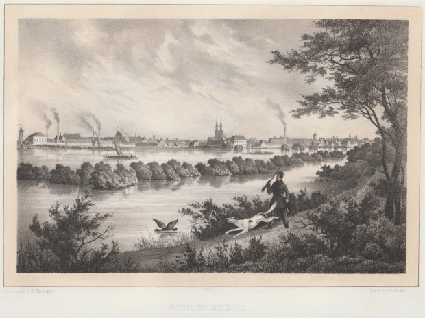 Abbildung von "Schoenebeck. Gesamtansicht auf die Stadt über die Elbe hinweg. Jäger mit Hund und Wasservogel im Vordergrund..."