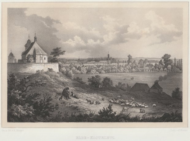 Abbildung von "Elbe - Kosteletz. (Malerische Ansicht mit Schafherde und Schäfer im Vordergrund)..."