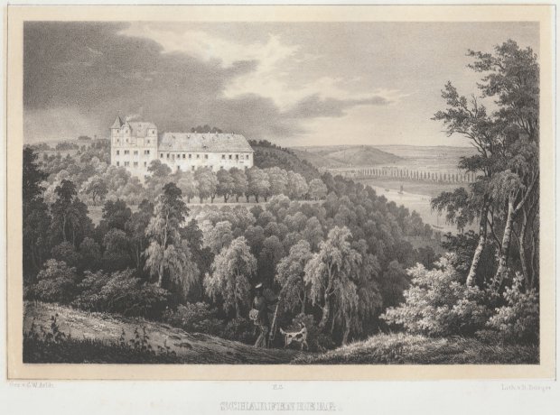 Abbildung von "Scharfenberg. (Schloss im Elbtal, malerische Ansicht mit einem Jäger im Vordergrund)..."