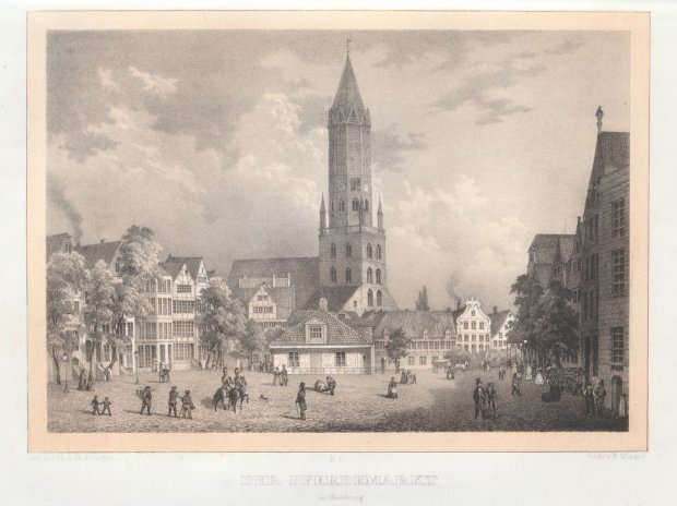 Abbildung von "Der Pferdemarkt in Hamburg. (Schöne Ansicht des gesamten Platzes mit der Kirche im Hintergrund und reicher Personenstaffage)..."