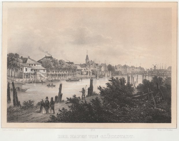 Abbildung von "Der Hafen von Glückstadt. (Malerische Ansicht mit dem Fluß im Vordergrund)..."