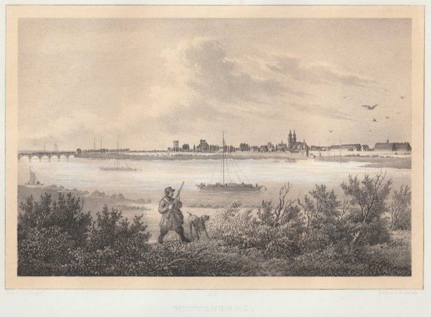 Abbildung von "Wittenberg. (Gesamtansicht mit der Elbe im Vordergrund, Jäger mit Hund am Ufer). "