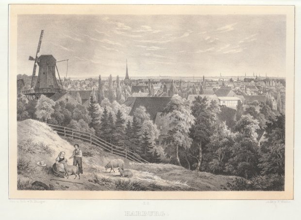 Abbildung von "Harburg. (Wunderschöne Gesamtansicht mit der Windmühle links). "