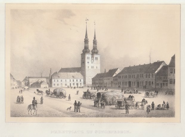 Abbildung von "Marktplatz zu Schoenebeck. (Schöne Ansicht des weiten Platzes mit viel 'Volk' und Wagen im Vordergrund)..."