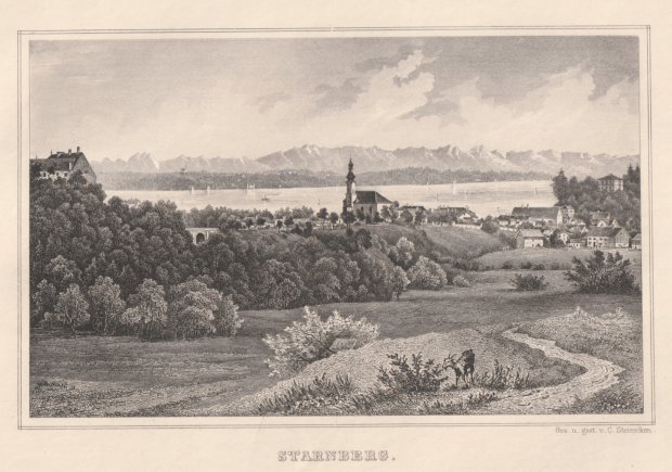 Abbildung von "Starnberg. (Blick auf Starnberg mit dem See und dem Gebirge im Hintergrund). Orig.-Stahlstich."