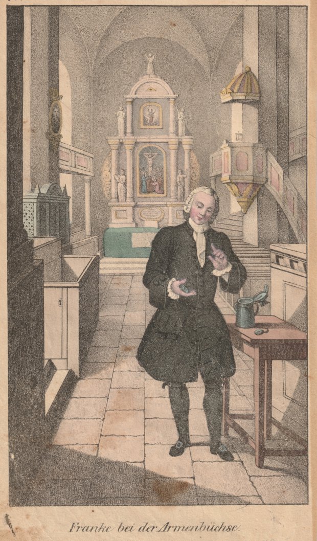 Abbildung von "' Franke bei der Armenbüchse '. (August Hermann Francke stehend in einer Kirche neben einem Sammelbehälter)."