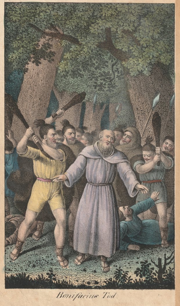 Abbildung von "Bonifacius Tod. (Der Missionar wird in einem Wald von knüppelschwingenden 'Heiden' bedrängt,..."