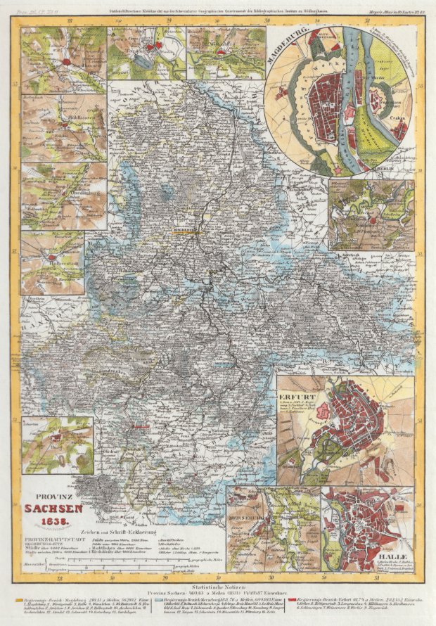 Abbildung von "Provinz Sachsen 1838. Kolorierte Original-Stahlstichkarte. Karte der Provinz, eingerahmt von Umgebungskarten von Burg,..."