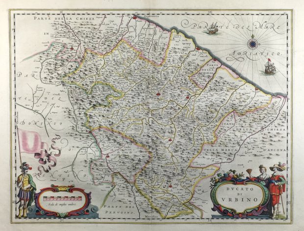 Abbildung von "Ducato di Urbino. Altkolorierte Orig.-Kupferstichkarte. Rückseitig französischer Text."