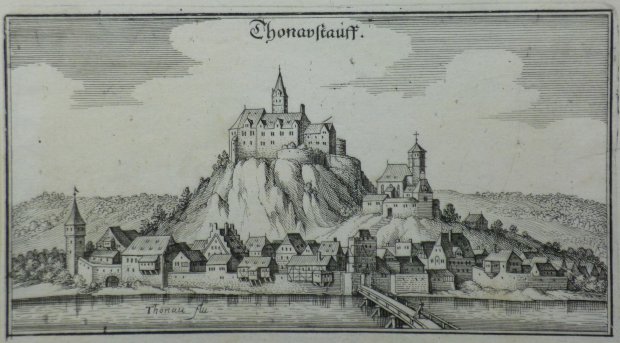 Abbildung von "Thonavstauff. (Donaustauf, Gesamtansicht über die Donau hinweg). Orig.-Kupferstich."