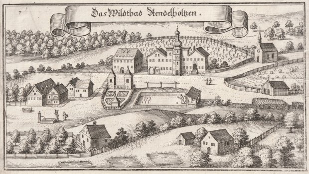 Abbildung von "Das Wildtbad Aendelholtzen. ( Bad Adelholzen. Gesamtansicht ). Original-Kupferstich."