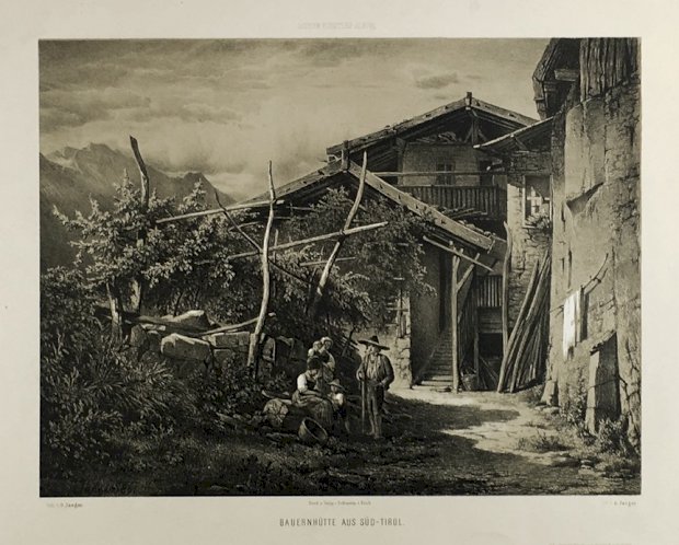 Abbildung von "Bauernhütte aus Süd-Tirol. Original-Tonlithographie, gezeichnet und lithographiert von G. Jaeger."