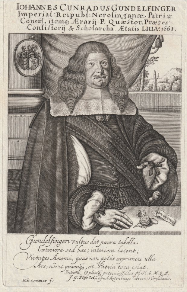 Abbildung von "Johannes Cunradus Gundelfinger. Imperial : Reipubl: Nerolinganae Patriae Consul, itemq..."