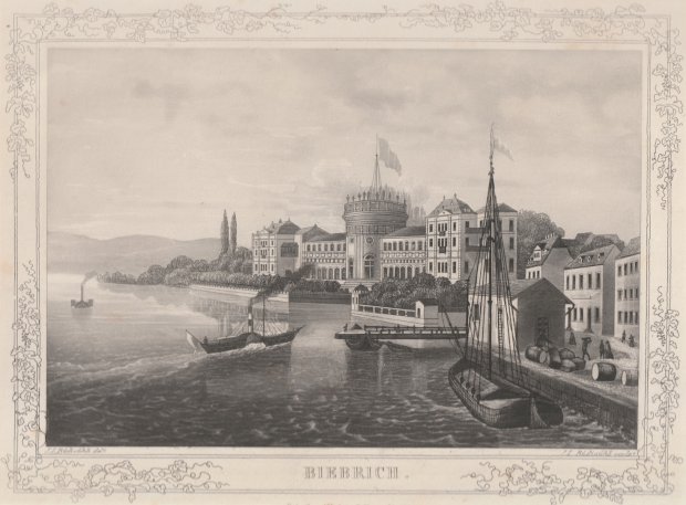 Abbildung von "Biebrich. (Blick auf das Schloss mit u.a. 2 Schaufelraddampfern im Mittelgrund). Original-Aquatinta."