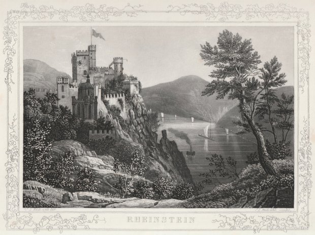 Abbildung von "Rheinstein. (Ansicht der Burg, mit Segelschiffen u. einem Raddampfer auf dem Fluss)..."