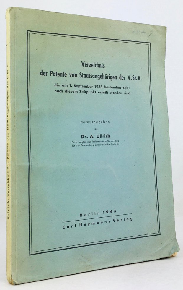 Abbildung von "Verzeichnis der Patente von Staatsangehörigen der V.St.A. die am 1. September 1938 bestanden oder nach diesem Zeitpunkt erteilt worden sind."