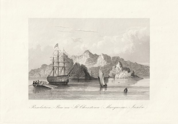 Abbildung von "Resolution - Bai an St. Christina (Marquesas-Inseln). Original-Stahlstich."