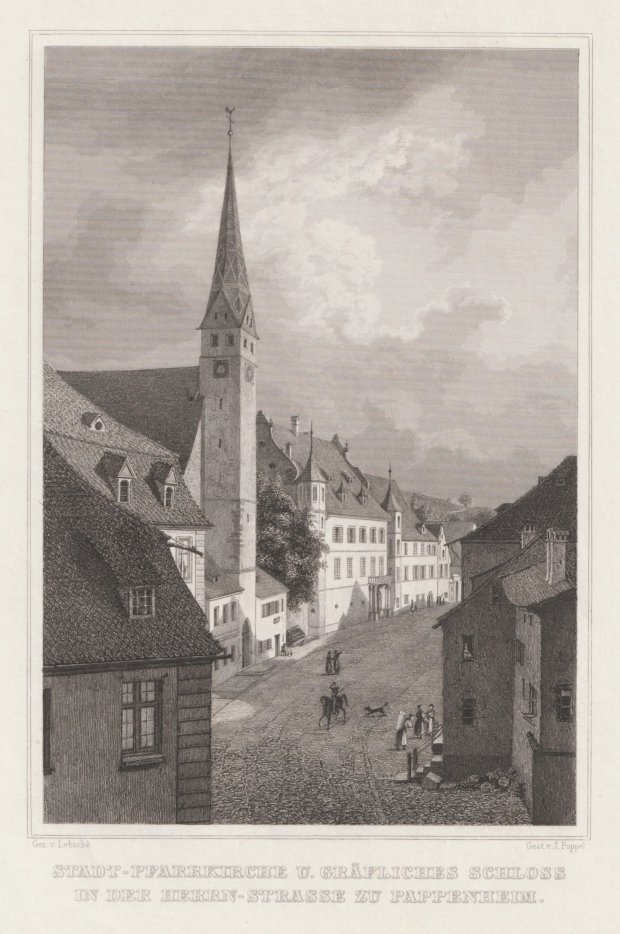 Abbildung von "Stadt-Pfarrkirche u. Gräfliches Schloss in der Herrn-Strasse zu Pappenheim. (Originalstahlstich nach Lebsché)."