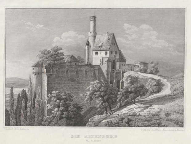 Abbildung von "Die Altenburg bei Bamberg. Stahlstich von Carl Mayer's Kunstanstalt in Bamberg nach einer Zeichnung von Fritz Bamberger."