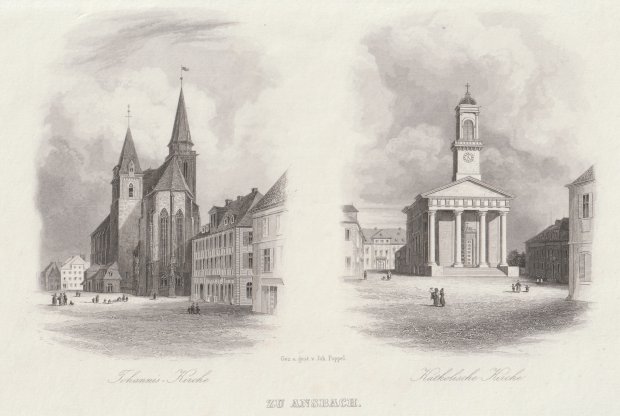 Abbildung von "Zu Ansbach. Johannes - Kirche (u.) Katholische Kirche. Stahlstich. Gez. u. gest. v. Joh. Poppel."