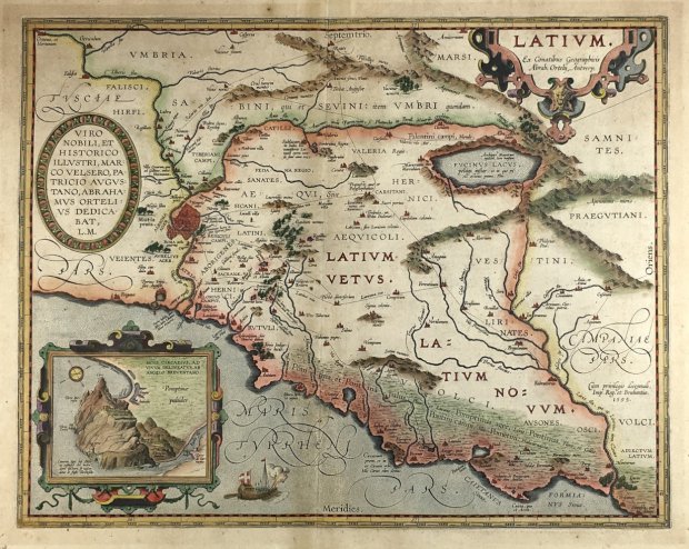 Abbildung von "Latium. Ex Conatibus Geographicus Ortelii Antverp., 1595. Altkolor. Kupferstichkarte mit 2 Kartuschen incl..."
