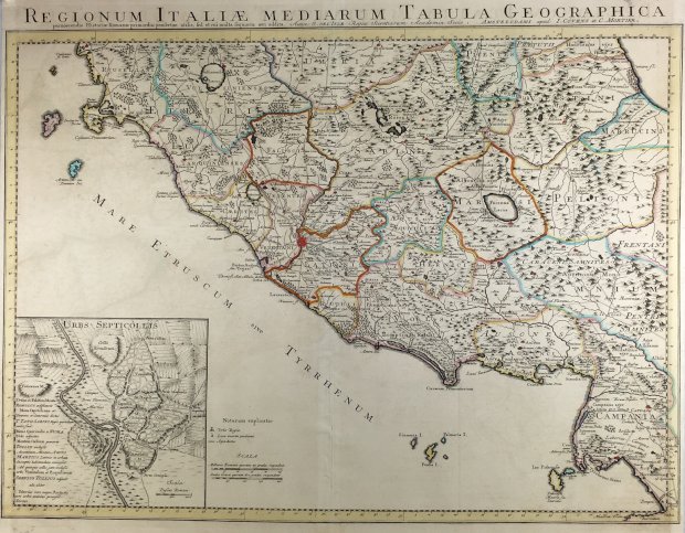 Abbildung von "Regionum Italiae Mediarum Tabula Geographica. (Mittelitalien mit einer separ. Karte von Rom:..."