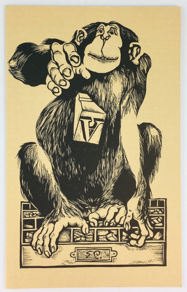 Abbildung von "Der Affe, ein seltsamer Buchdrucker, und ein Eremit. (Mit 3 Orig.-Linolschnitten von Eduard Prüssen)."