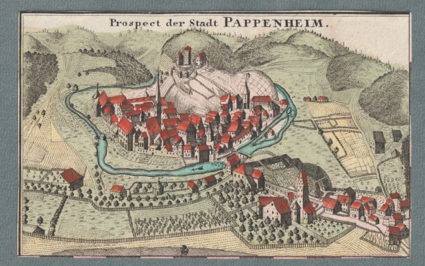 Abbildung von "' Prospect der Stadt Pappenheim '. Altkolor. Orig.-Kupferstich."